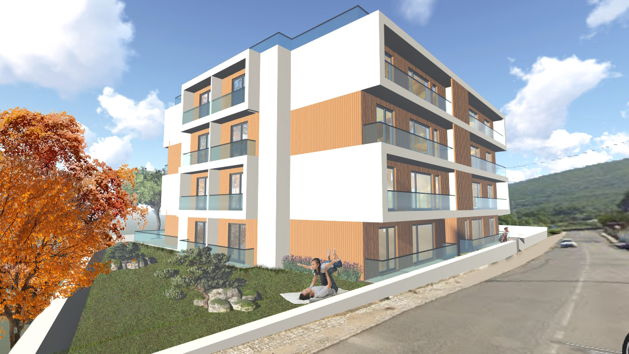 Simulação exterior do edifício em Eiras da Lagoa, vista de esquina.