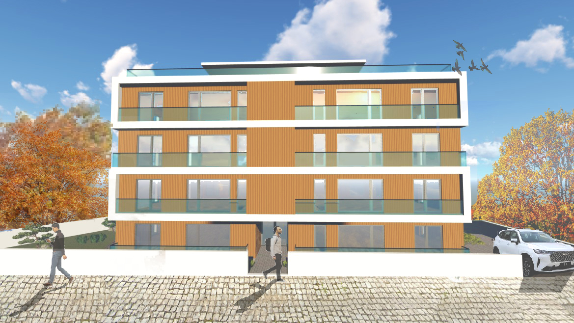 Simulação exterior do edifício em Eiras da Lagoa, vista complementar do projeto.